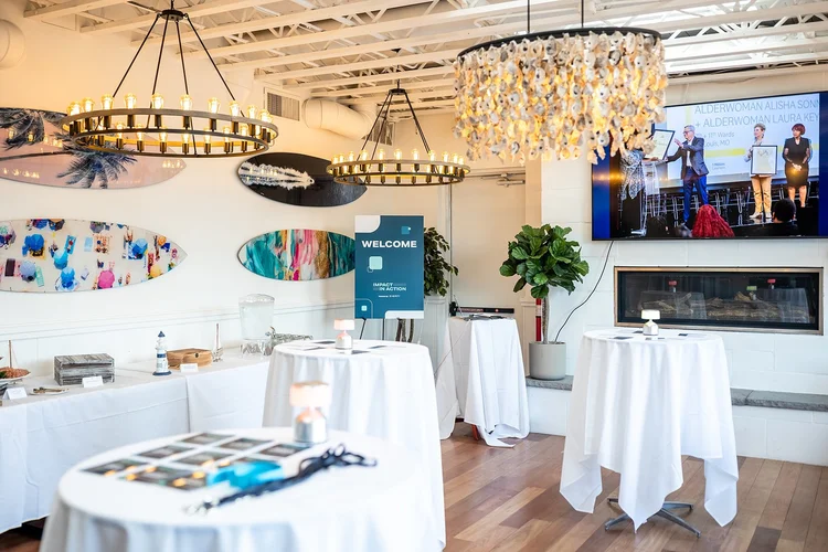 Candid networking event photography Denver corporate happy hour Hampton Social House